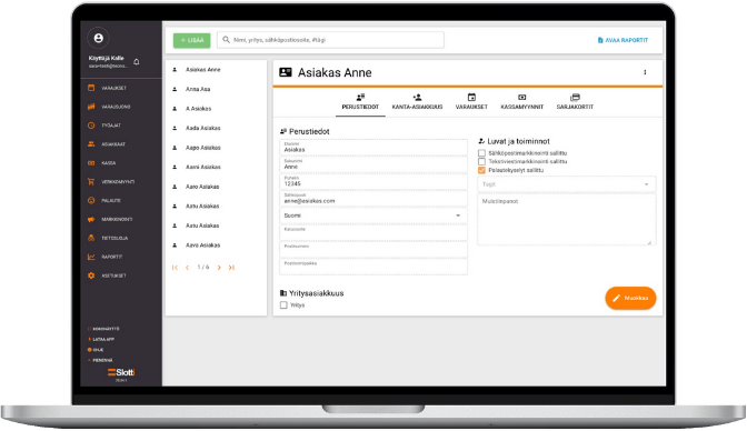 Registro de clientes de Slotti mostrado en la pantalla de una computadora portátil